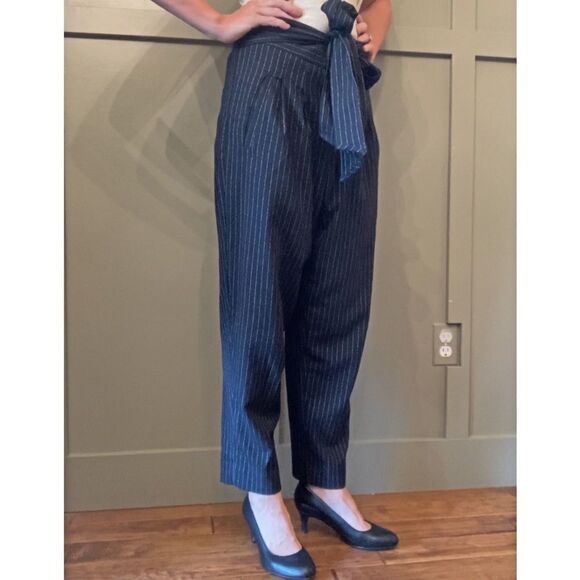 Anthropologie Pinstripe High Rise Tie Waist Tapered Pants Size 6 - Picture 3 of 12